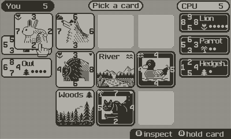 Placing a card whose sides add up to the same total as two neighbors flips them.