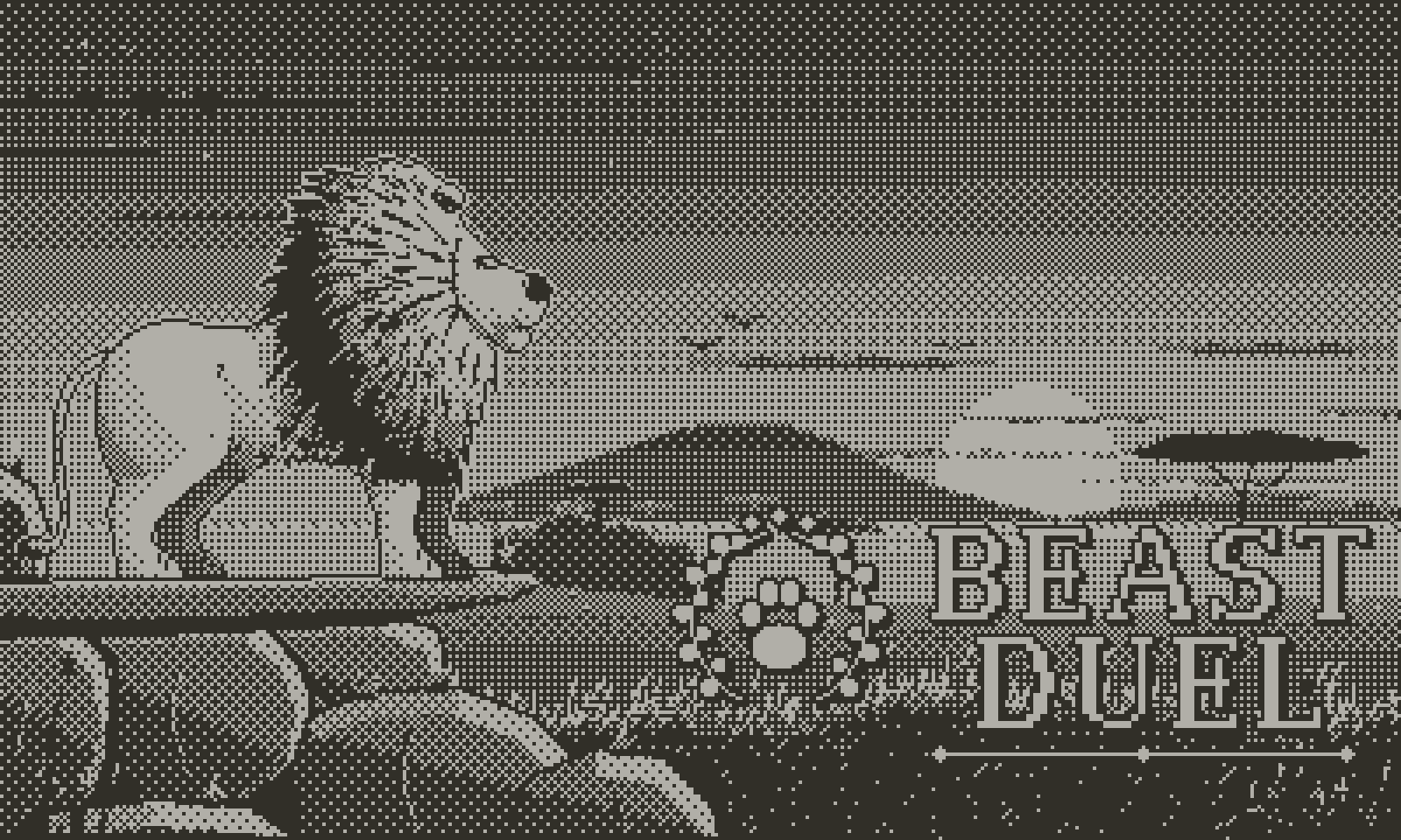 Beast Duel title screen: a lion stands on a rock ledge at sunset and gazes across the savanna toward the setting sun, with vultures circling and a herd running below, and the Beast Duel laurel-paw logo in the bottom-right corner.