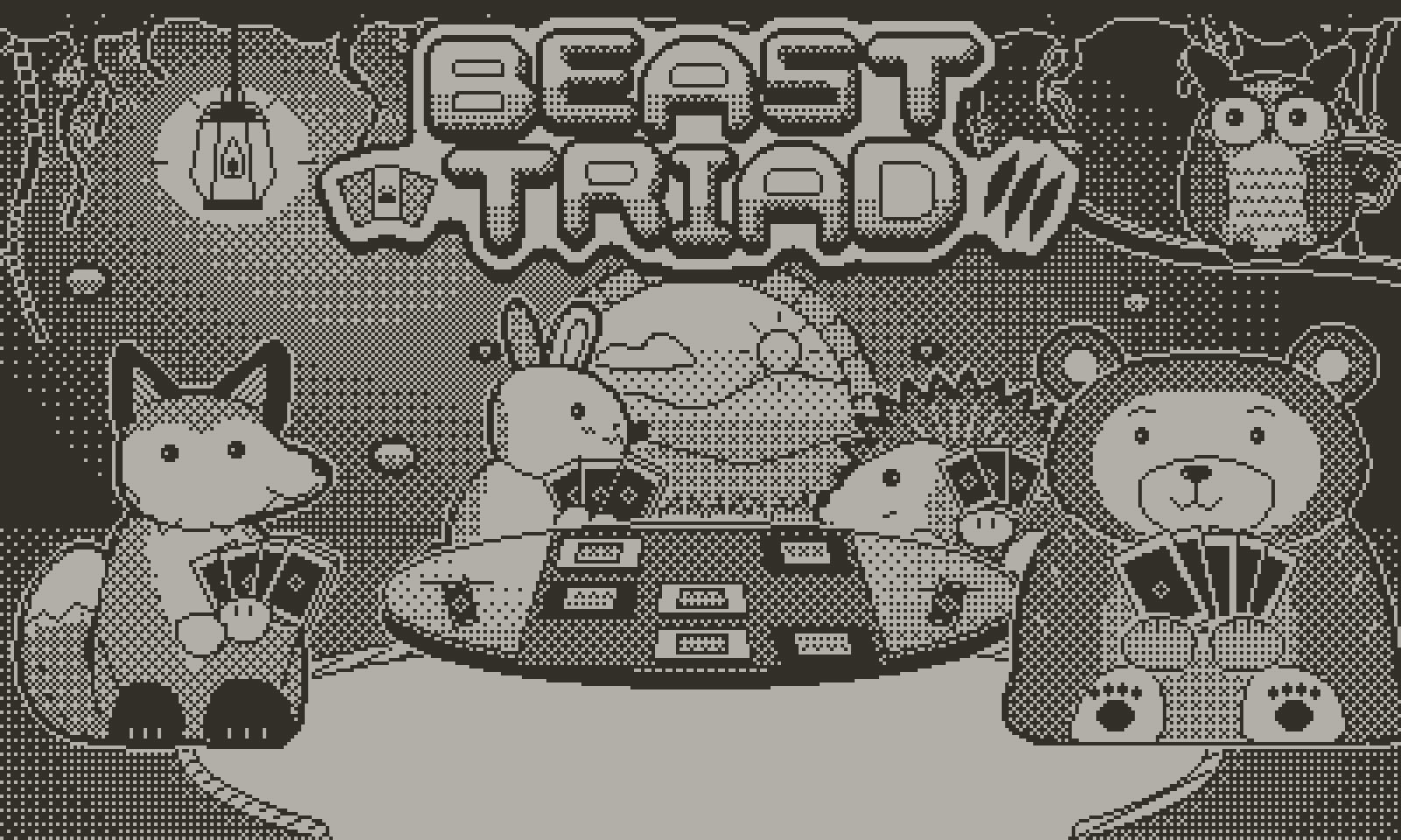 Beast Triad title screen: critters gathered around a burrow card table under the Beast Triad logo.